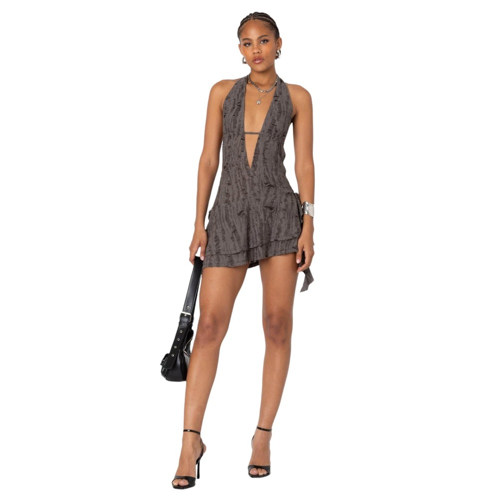 Shredded Halter Stretch Minidress Dark Gray‎ Distressed Grunge Size M